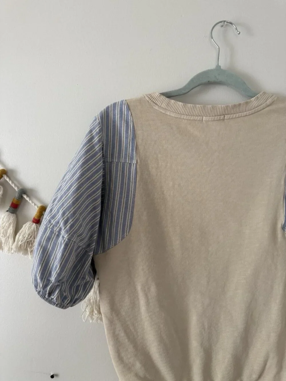 Anthropologie Pilcro Woven Stripe Puff Sleeve Cream Top Basics Coquette Coastal